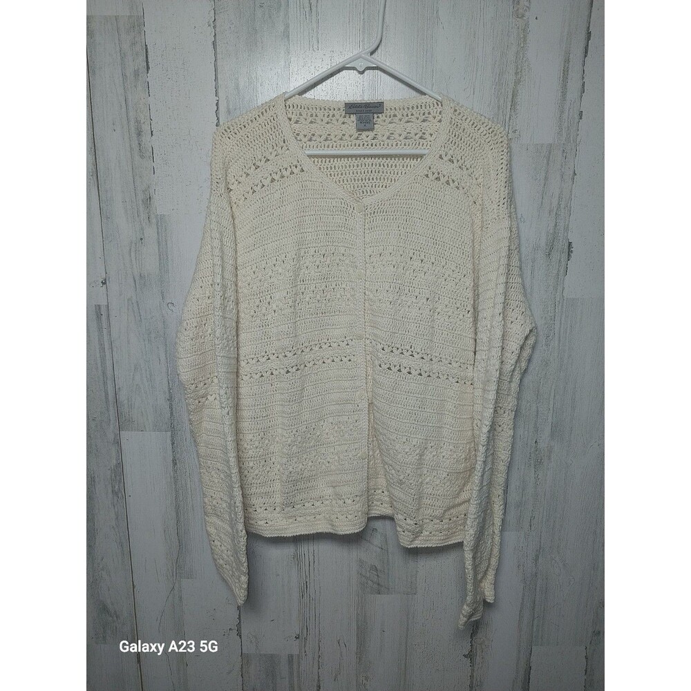 VTG Eddie Bauer Crochet Cardigan XL Ivory Cottagecore Ramie Cotton Blend